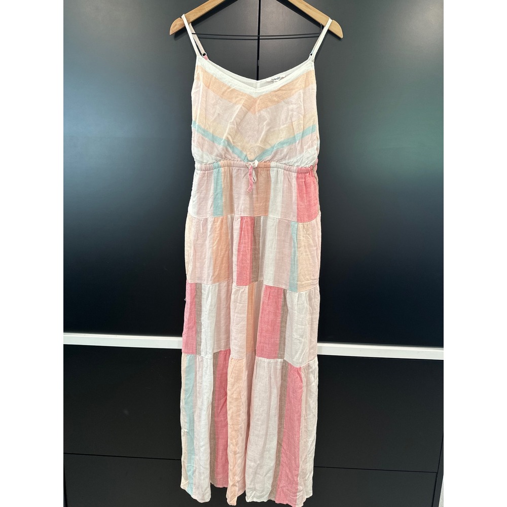 Splendid RM5D180 Women Pastel Patchwork Stripe Tiered Maxi Dress Linen Blend NWT